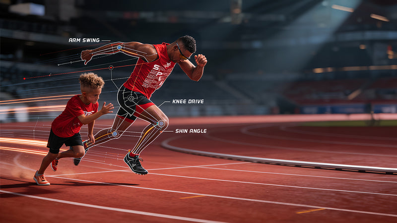 Two runners on a track with labeled body parts indicating running mechanics.